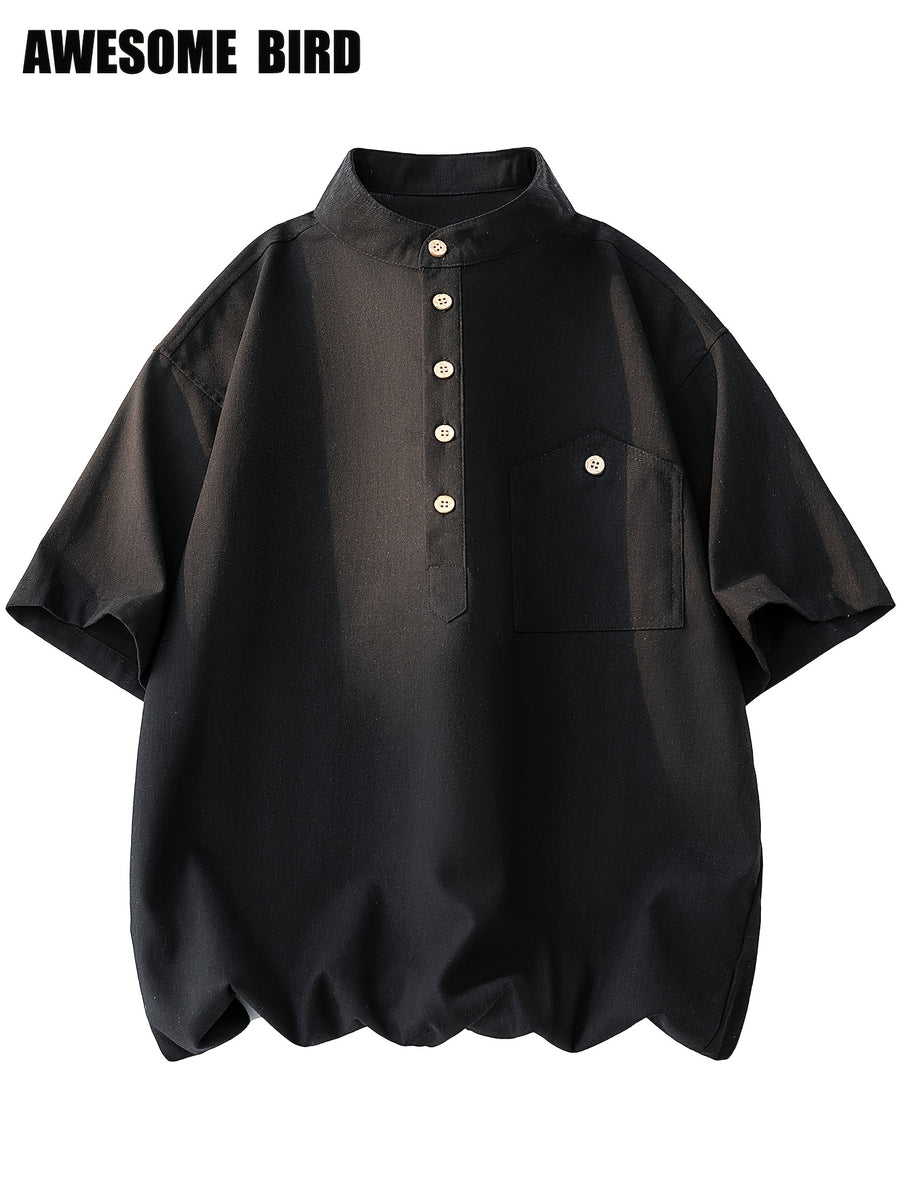 2026 Summer New Linen Short Sleeve Shirt Men'S Semi-High Neck Stand Collar Trendy Slight Loose Handsome Breathable Short Shirt - Black