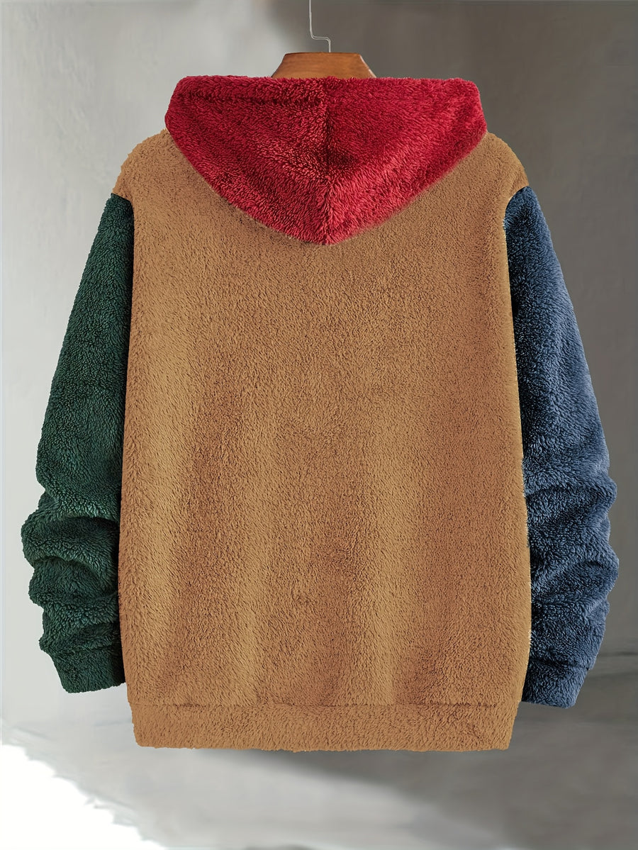 Men's Multi-Color Plush Hooded Sweatshirt with Contrast Patch Embroidery, Warm Autumn/Winter Hoodie with Drawstring - Camel