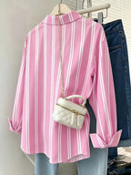 New Women'S Long-Sleeved Button- Pink Striped Casual Shirt, Vertical Striped Shirt for Women, Loose And Long-Sleeved Shirt, Commuting, Casual, Versatile - Pink Color