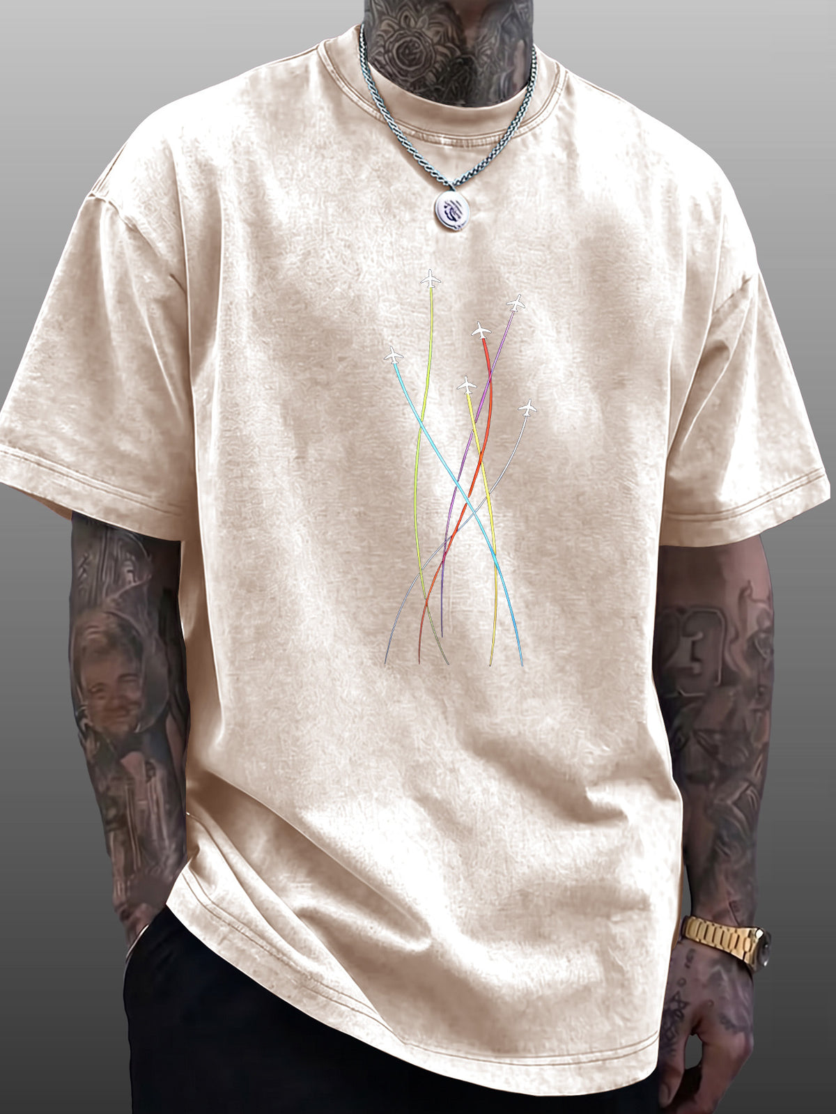 Men's Short-Sleeve T-Shirt, Pure Cotton Loose Fit Half-Sleeve Top, Washed Distressed Colorful Airplane Route Lines, Trendy Reversible Double-Sided Print, Multiple Colors for  Mix & Match, American Streetwear Hip-Hop High Street Style, for Daily - Apricot