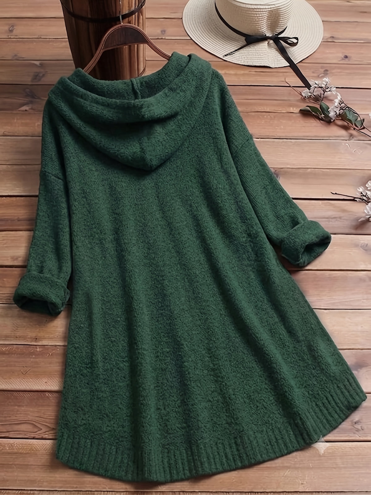 Women'S Elegant Casual Cute Sexy Middle Eastern Style Spring Autumn Solid Color Hooded Long Sleeve Slit Button Front Short Back Long Comfortable Loose Soft Warm Knit Pullover Sweater Top - Green