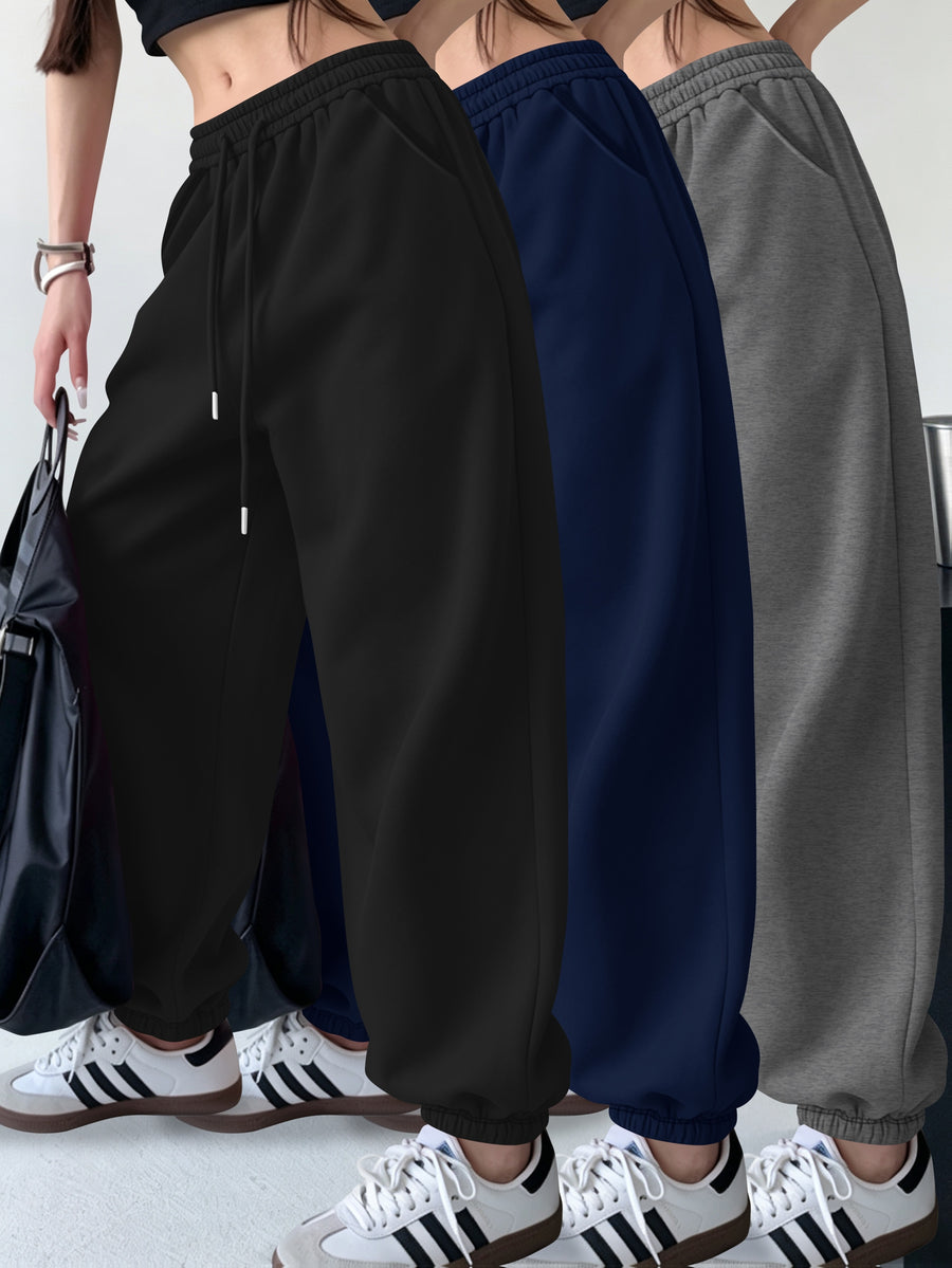 3pcs Set Halloween Casual Long Pants Elastic Waistband Pants, Warm Elastic Waistband Casual Trousers for Women's Outerwear in Fall/Winter - Black+blue+dark Gray