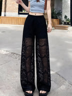 Designer Style: Gentle and Sensual Lace Hollow-Out Wide-Leg Pants for Women, New Spring/Summer Collection, High-Waist Flowy Casual Trousers, Light and Comfortable, Perfect with Spaghetti Straps or Short-Sleeved Tops - Black