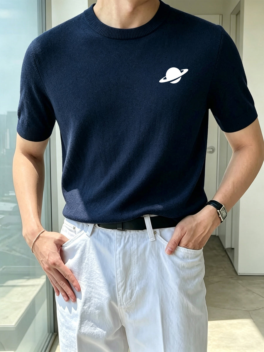 Men'S Round Neck Short Sleeve Knit Sweater Planet Easy Casual Base Layer Top - Navy Color