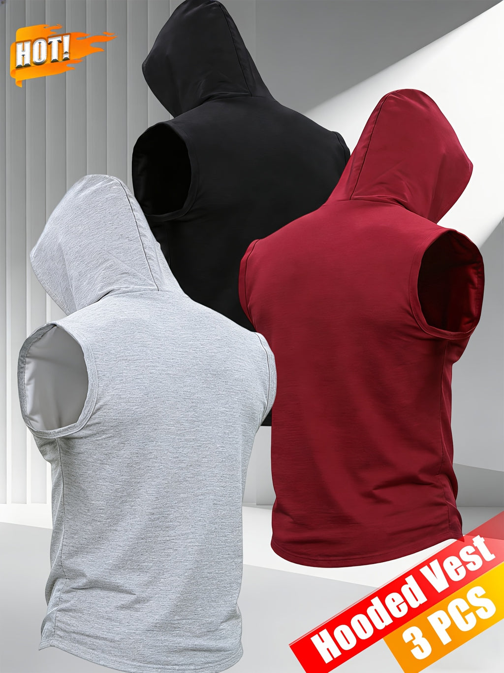 3pcs Men's Hooded Tank Tops, New Summer Style, Skin-Friendly and Breathable Fabric, Sleeveless Loose Fit for a Slimming Look, Versatile for Daily Fitness, Sports, and Streetwear, Essential for Men's Refreshing Summer Outfits - Gray+red+black