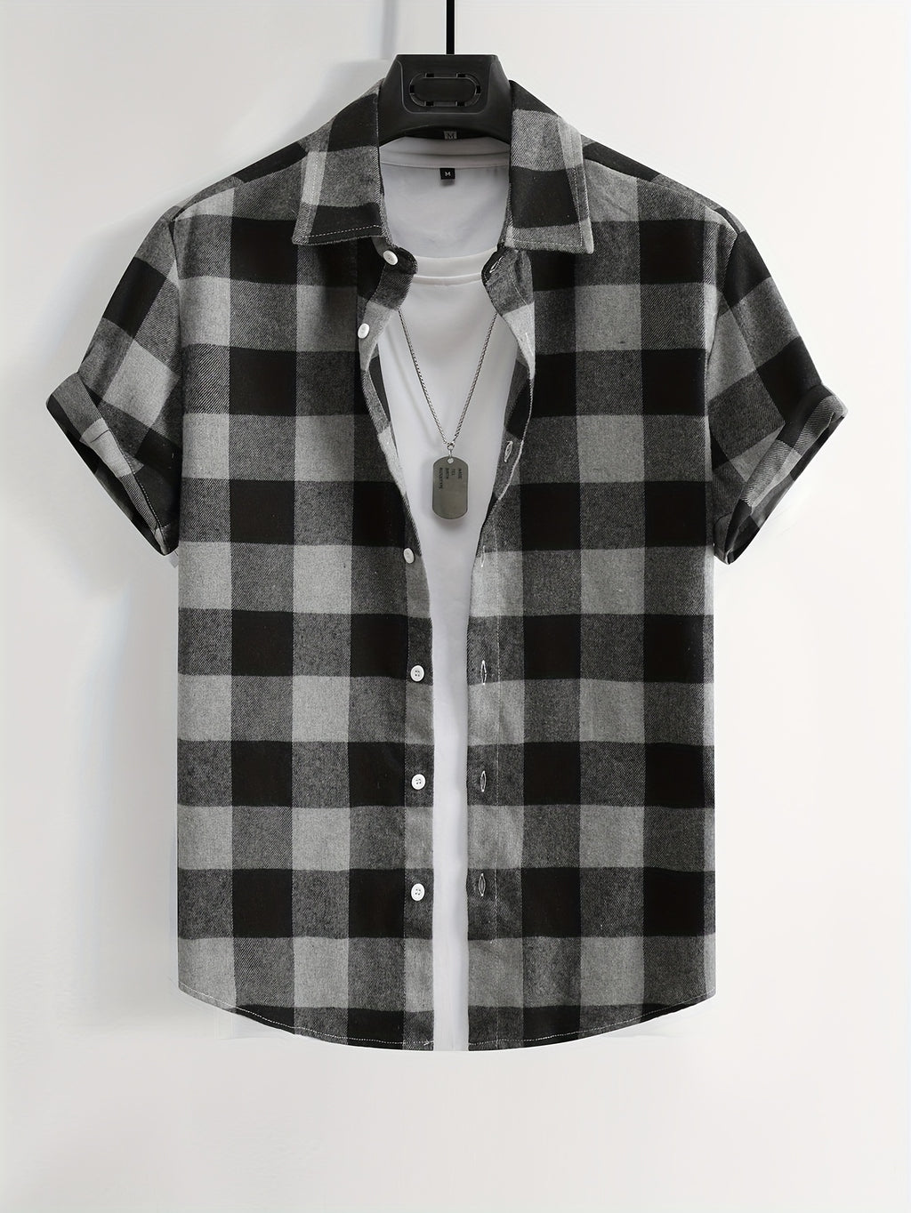Men's Plaid Flannel Front Open Button-Up Casual Short-Sleeve Shirt, Suitable for Dates or as a Gift for Husband, Plaid Pattern, for Spring and Summer, Regular Fit, Button Design - Black
