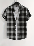 Men's Plaid Flannel Front Open Button-Up Casual Short-Sleeve Shirt, Suitable for Dates or as a Gift for Husband, Plaid Pattern, for Spring and Summer, Regular Fit, Button Design - Black