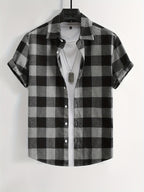 Men's Plaid Flannel Front Open Button-Up Casual Short-Sleeve Shirt, Suitable for Dates or as a Gift for Husband, Plaid Pattern, for Spring and Summer, Regular Fit, Button Design - Black