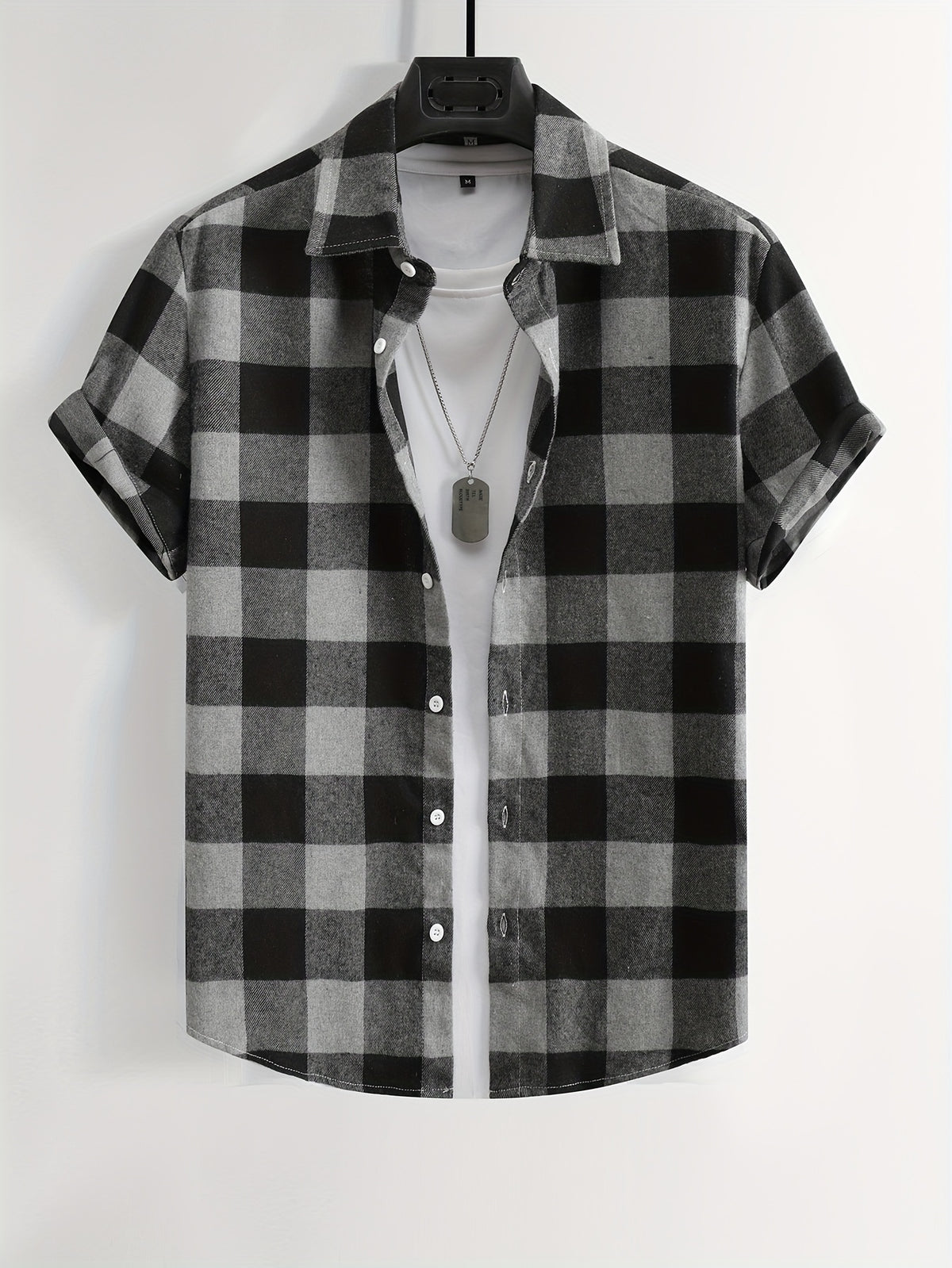 Men's Plaid Flannel Front Open Button-Up Casual Short-Sleeve Shirt, Suitable for Dates or as a Gift for Husband, Plaid Pattern, for Spring and Summer, Regular Fit, Button Design - Black