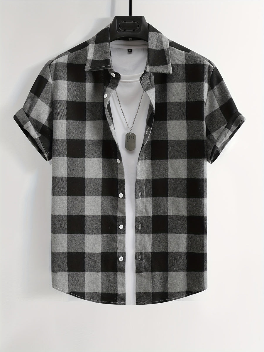 Men's Plaid Flannel Front Open Button-Up Casual Short-Sleeve Shirt, Suitable for Dates or as a Gift for Husband, Plaid Pattern, for Spring and Summer, Regular Fit, Button Design - Black