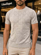 Men's Breathable Hollow-Out Short Sleeve T-Shirt/Polo Shirt - Lightweight Round Neck Loose-Fit Top with Hollow-Out Texture, Solid Color Base Layer -Compatible for Casual & -Casual Wear, Machine Washable Suitable for - Oatmeal Ash