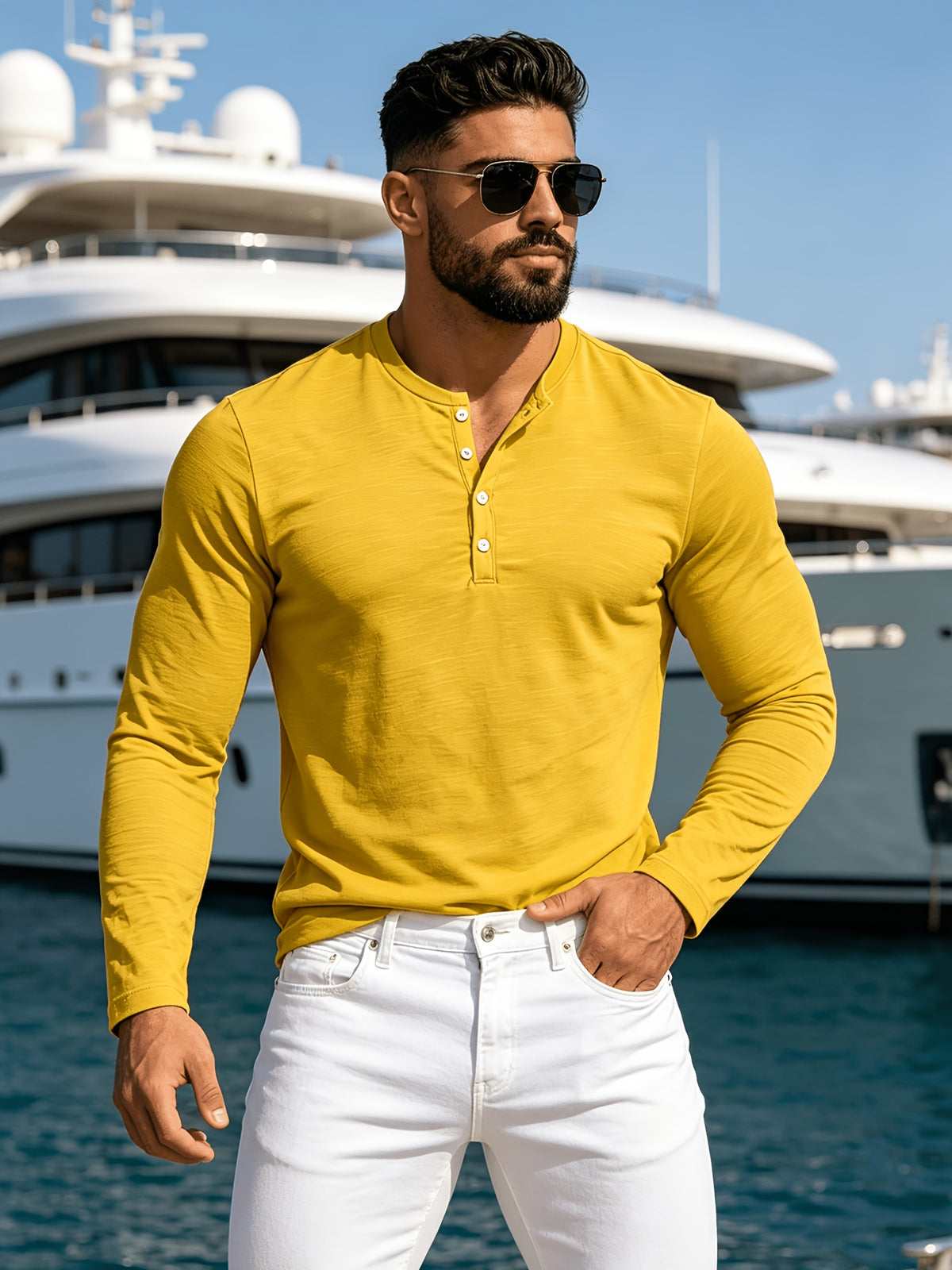 2pcs New Men's Fashionable Sporty Long-Sleeve Pure Cotton Henley Button-Up Shirt, Spring/Autumn Casual, Comfortable, Soft, Trendy, Simple, High-End, Versatile, and Refreshing - Multicolor 7