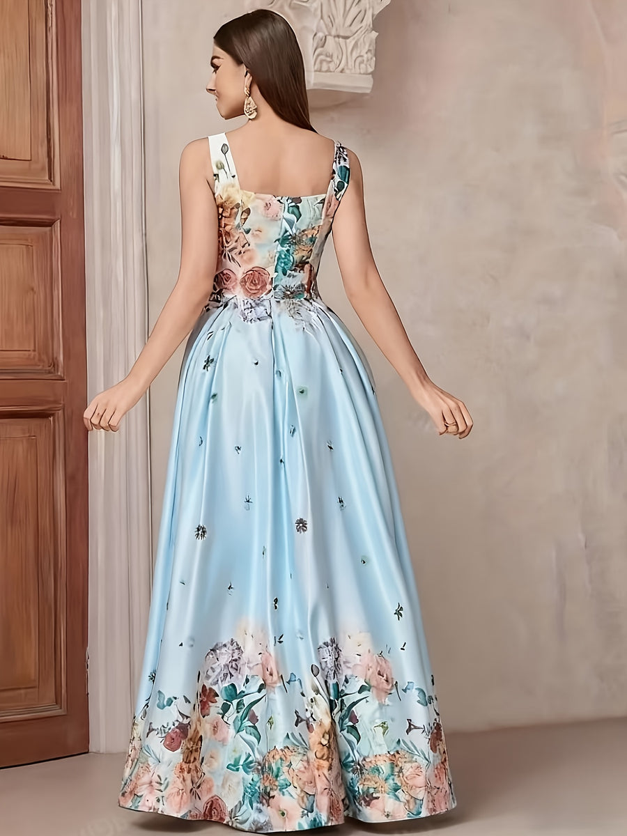 Women'S Dress Elegant Floral Print Evening Gown Suitable for Parties - Light Blue