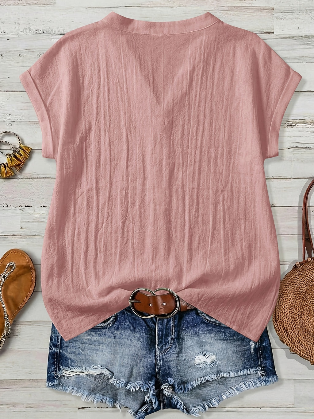 100% Short Sleeve Shirt, Casual Vacation Wear for Summer, V-Neck Design, Country Style Clothing for Women, Suitable for All Occasions, Ideal Choice for Holidays - Pink Color
