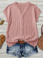 100% Short Sleeve Shirt, Casual Vacation Wear for Summer, V-Neck Design, Country Style Clothing for Women, Suitable for All Occasions, Ideal Choice for Holidays - Pink Color