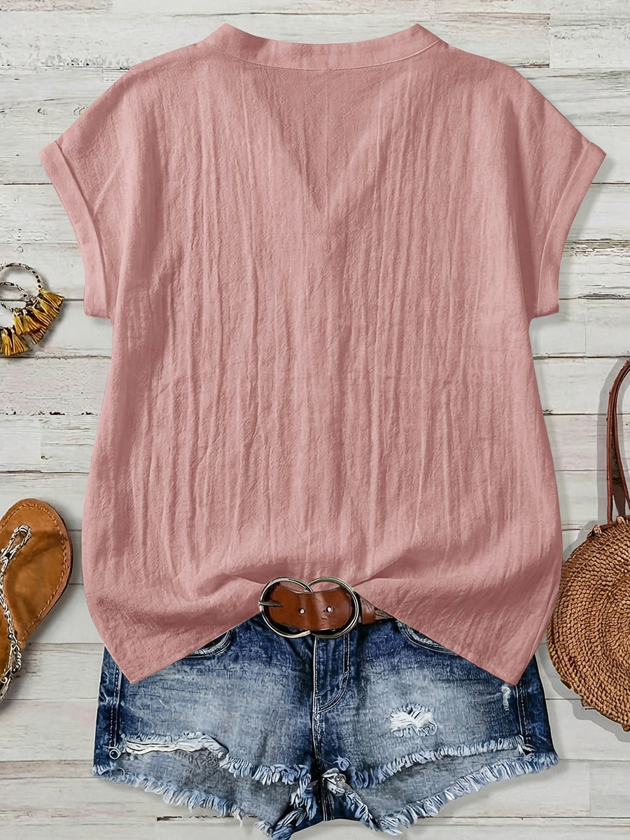 100% Short Sleeve Shirt, Casual Vacation Wear for Summer, V-Neck Design, Country Style Clothing for Women, Suitable for All Occasions, Ideal Choice for Holidays - Pink Color