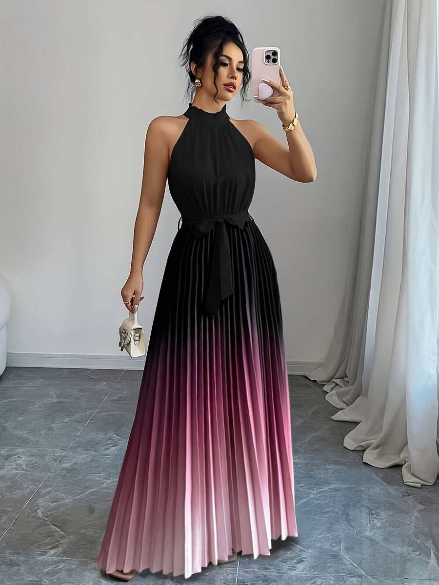 Elegant Romantic Ruffled Neckline And Waist Tie A-Line Pleated Gradient Maxi Dress - Black