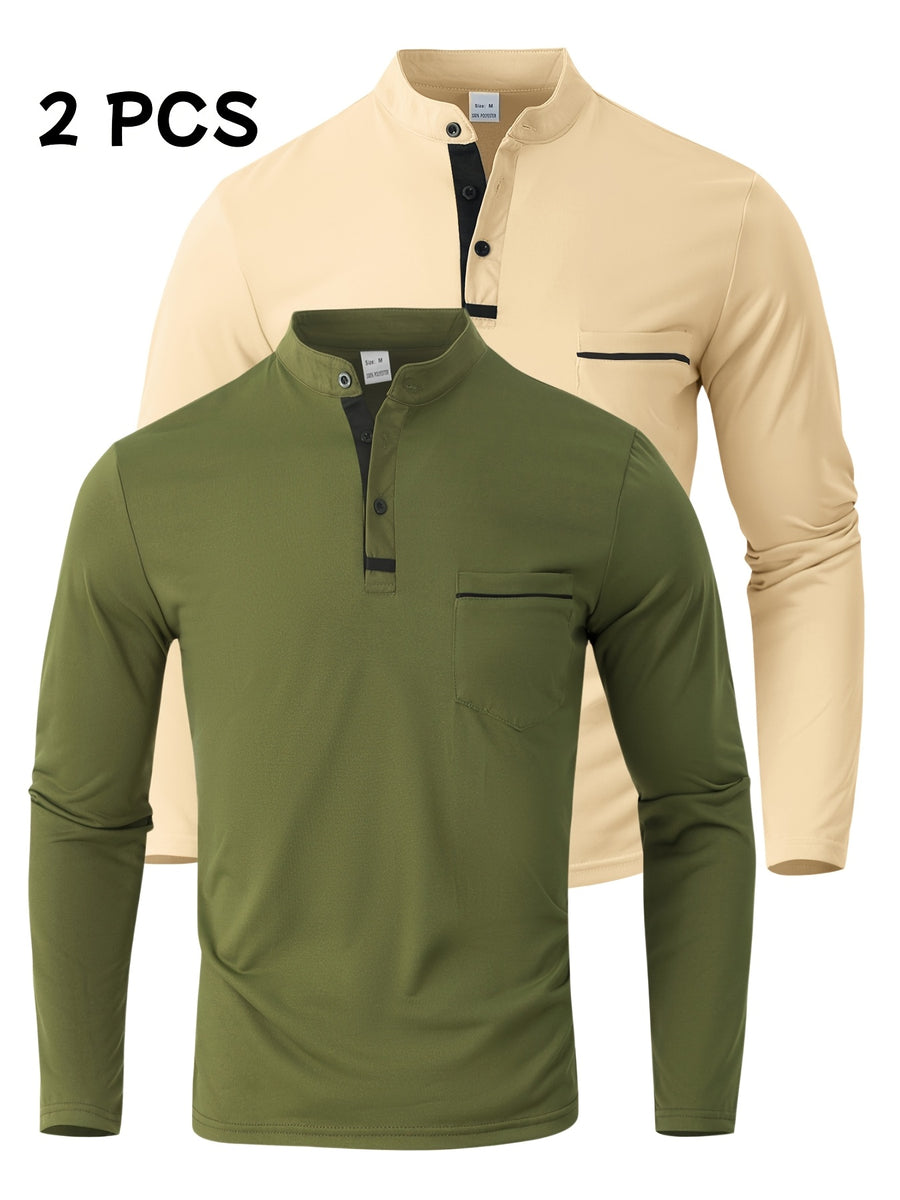 [JOSHIMAI OBM] 2pcs Men'S Long Sleeve Henley Shirts, Soft Comfortable Stretch Fabric, Lightweight Breathable Easy Care, Stand Collar 3-Button Placket Design, Contrast Color Placket And Pocket Details, Suitable for Office Commute, Business Casual - Army Green+Light Khaki