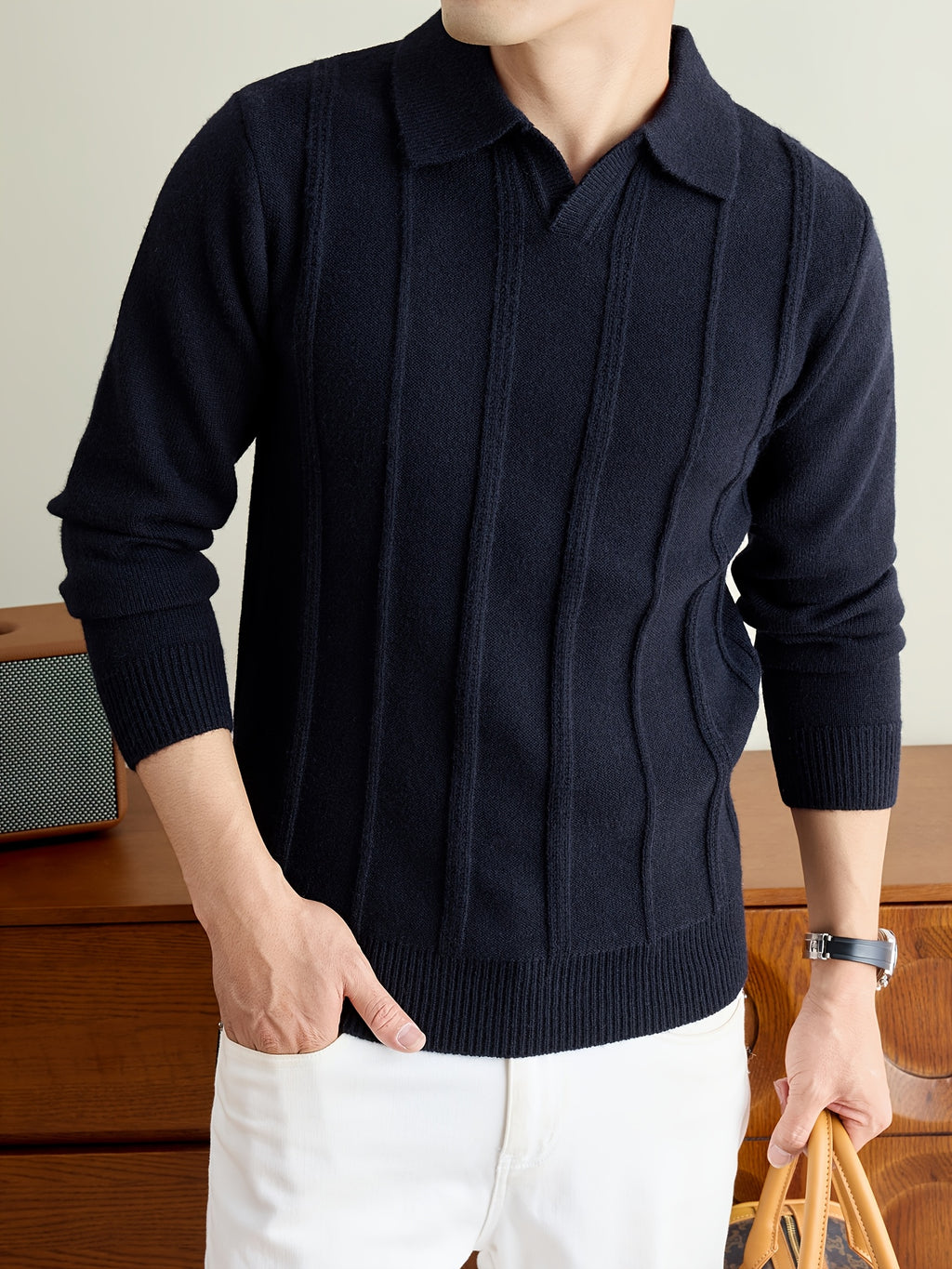 Men's Fall Winter V-Neck Buttonless Collar Knit Polo Sweater, Vertical Ribbed Long Sleeve Pullover with Ribbed Trim, Casual Top - Black