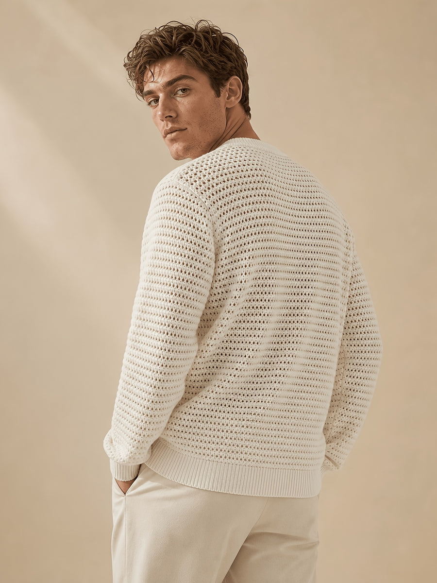 White Men'S Waffle Mesh Knit Top, Round Neck Long Sleeve Loose Casual Breathable Pullover Sweater - White