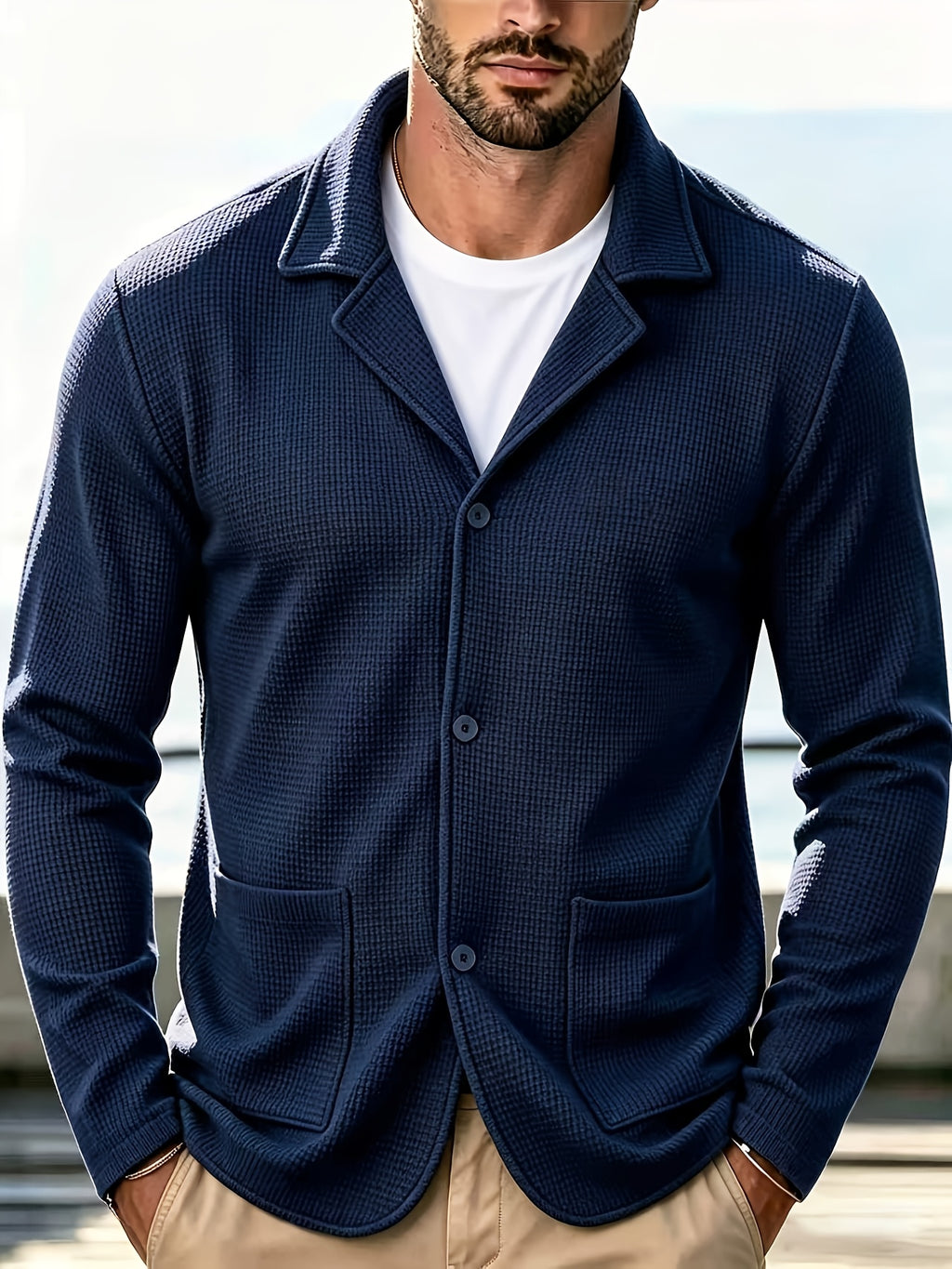 Men's New Spring, Autumn, and Winter Waffle Knit Heavyweight Single-Breasted Open Front Cardigan with Lapel Collar and Double Pockets, a Versatile Long-sleeve Business Casual Jacket. Soft, Comfortable, and Stylish Solid-color Knit Outerwear - Navy Blue+Blue