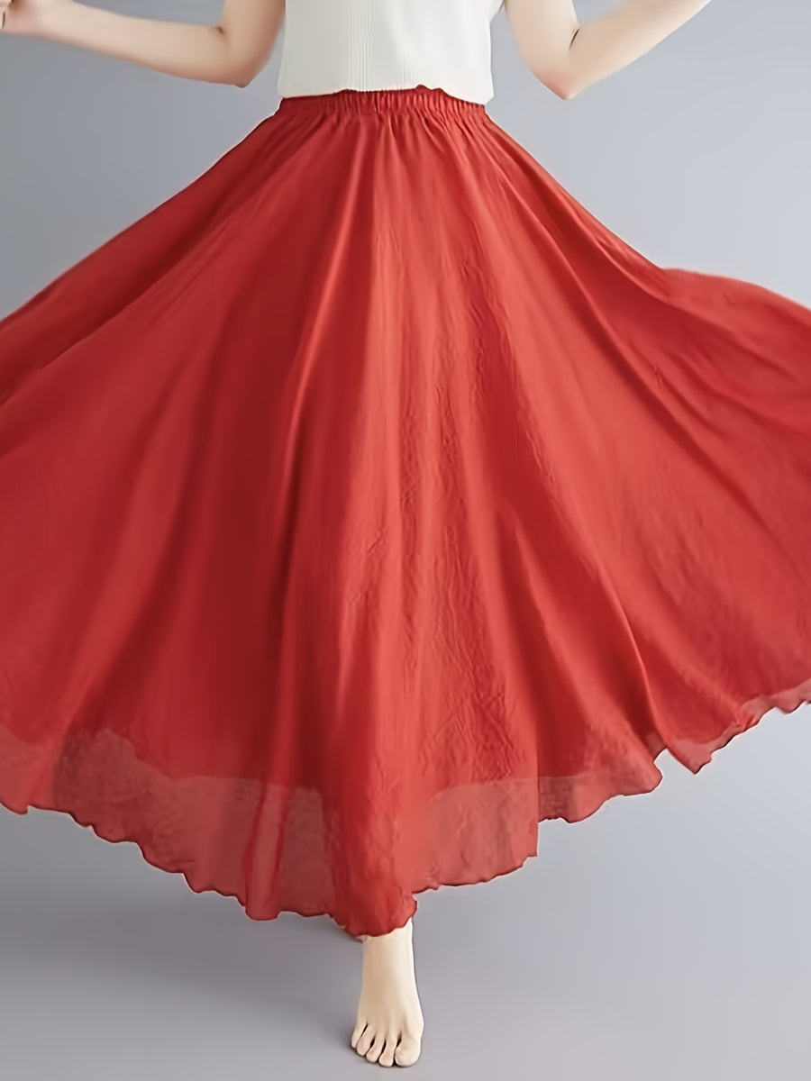 Solid Color Ethnic Style Literary Double-Layer Non-See-Through Midi Skirt for Women, Spring Summer Autumn Zen Style Long Dress with Wide Hem, High Waist Flowy - Bright Red