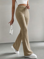 High-Waisted, Elastic Waist Straight-Leg Pants in Light with Small Ribbed Texture And a Slight Flare - Apricot