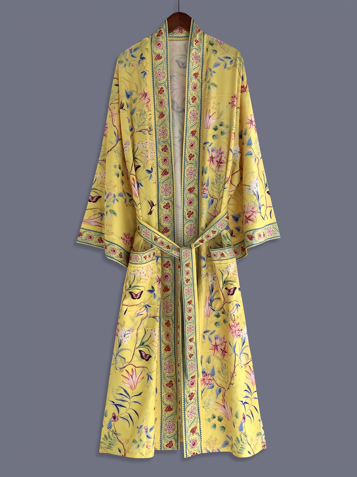 Bohemian Color-Block Small Floral Print Mid-Length Long Sleeve Kimono Cardigan Thin Jacket Women'S Elegant Casual Cover-Up Beach Vacation Resort Shawl Japanese Style Thin Cloak Jacket Hem Slit Pockets Home Bathrobe Belt Bathrobe Cover-Up Robe - Yellow