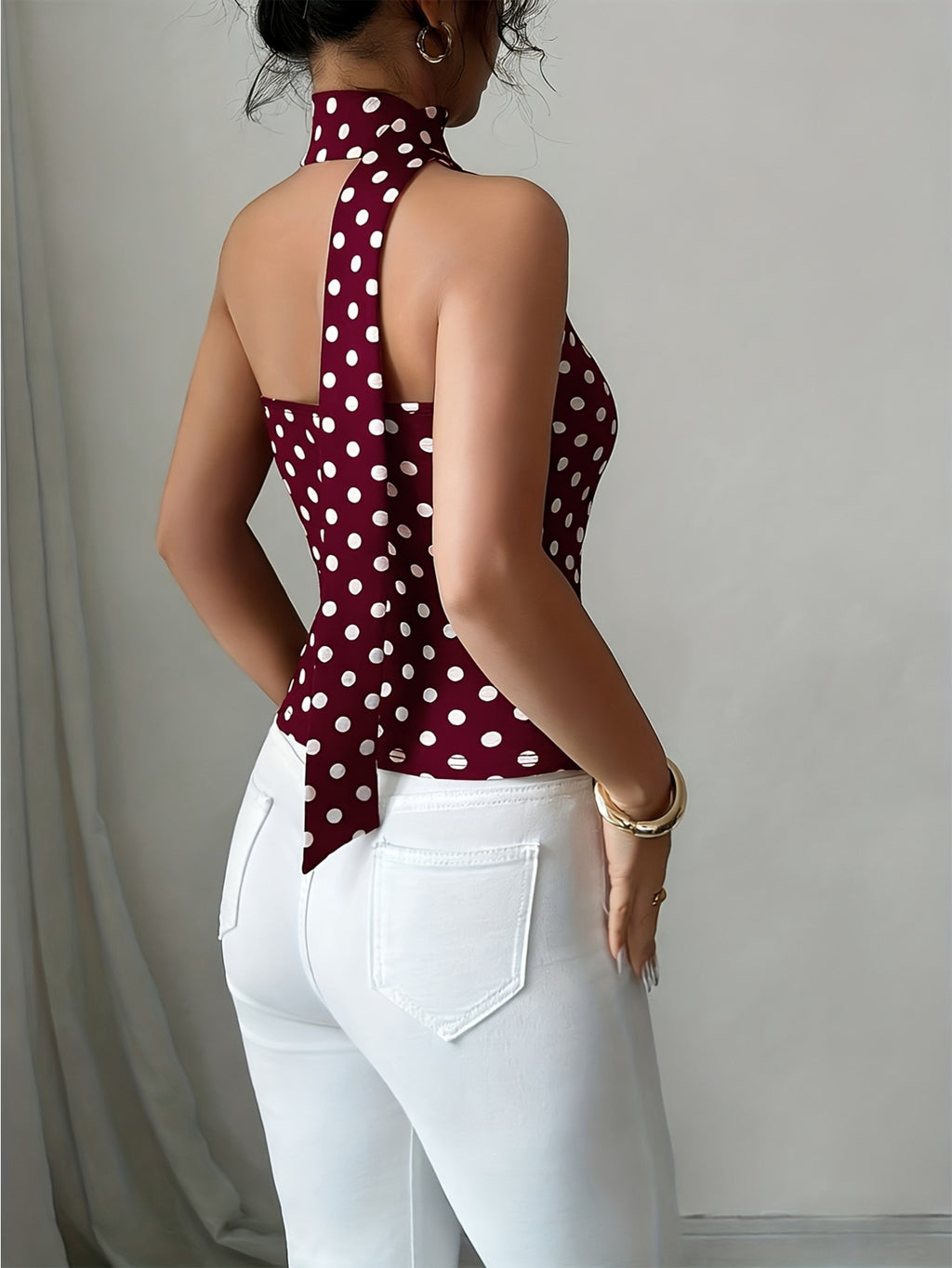 ZJ1031014 Women's Polka Dot Top with Printed Cut-Out Design, Elegant and Slim Fit - Burgundy