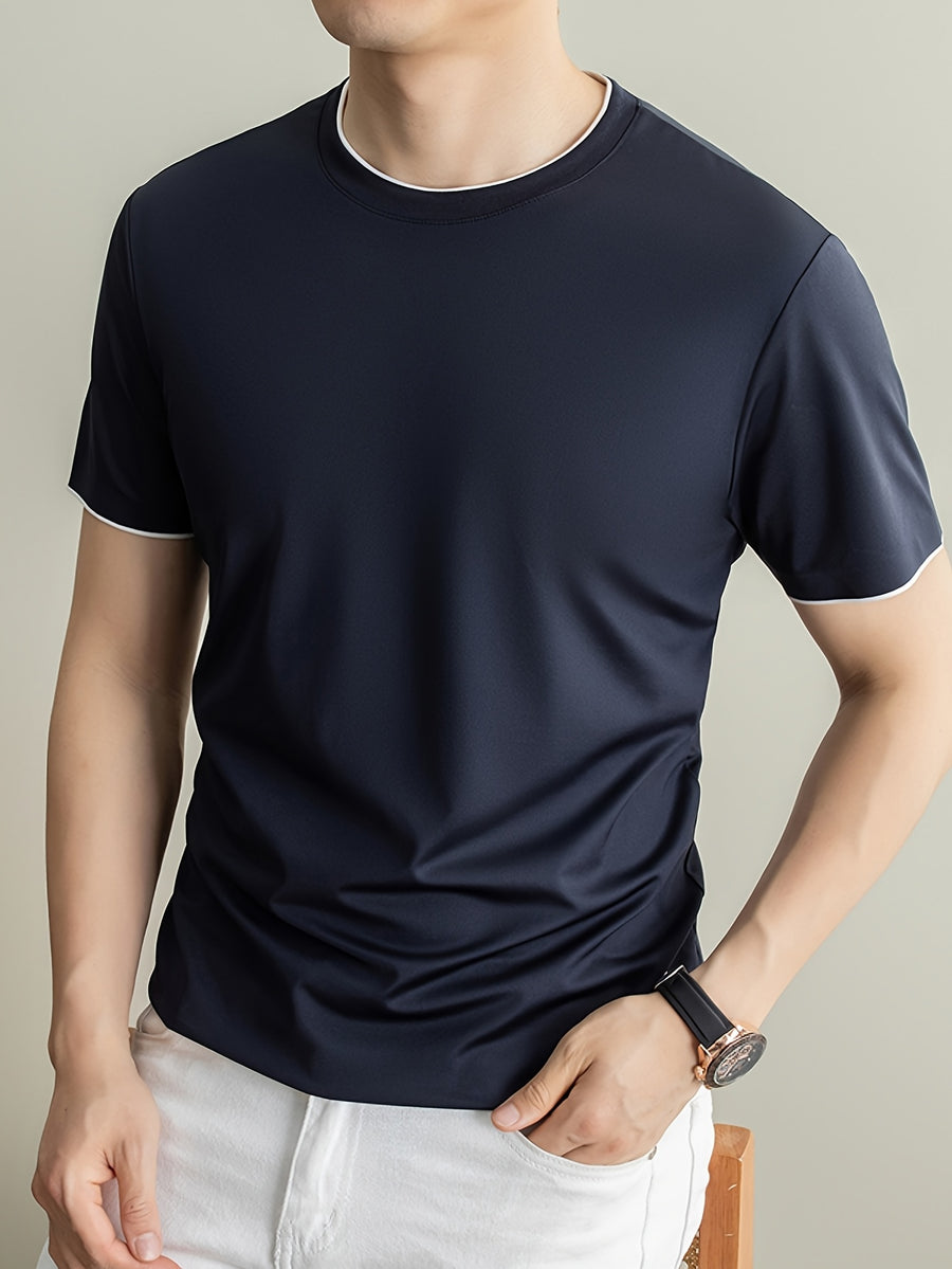 Summer Men'S Short Sleeve T-Shirt Casual Round Neck Solid Color Comfortable Cooling Breathable Polo Shirt - Navy
