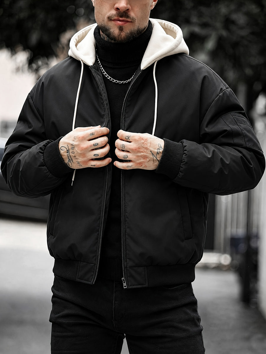Men's Color-Block Hooded 2-in-1 Look Padded Coat, Structured Windproof Fabric, Zippered Pockets, Street Casual Style, Suitable for Daily Outings and Commuting, Trendy Outerwear-6021 - Black