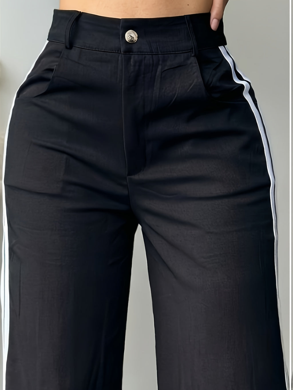 Spring and Autumn Women's Long Pants, Wide-Leg Pants with White Side Stripes, Vintage Fashionable Pants for a Tall and Look, Casual Trousers - Black
