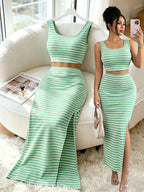 Women'S Striped Square Neck Crop Cami And Side-Slit Bodycon Mini Skirt 2pcs Set - Green