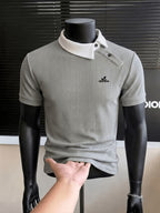 New Design Color-Blocked Slant Collar Short-Sleeve T-Shirt for Men, Summer Trendy  Irregular Collar Business Casual White Letter Print Polo - Grey