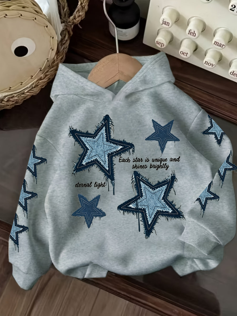 Vintage Denim Fringe Star Hooded Sweatshirt with All-Over Five-Pointed Star Print, a Versatile Casual Hoodie Top for Spring and Autumn - Light Grey