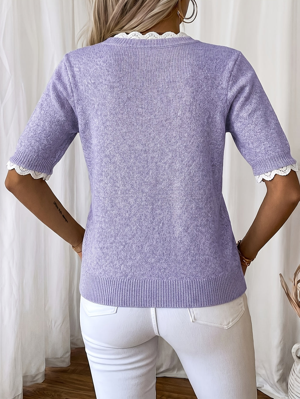 Women'S Elegant Round Neck Sweater Pullover, Casual Short Sleeve Top, Solid Color Spring Summer Pullover, Loose Fit, Comfortable Wear, Suitable for Spring Summer Autumn Fashion Versatile Women'S Clothing, Short And Deep - Purple