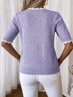 Women'S Elegant Round Neck Sweater Pullover, Casual Short Sleeve Top, Solid Color Spring Summer Pullover, Loose Fit, Comfortable Wear, Suitable for Spring Summer Autumn Fashion Versatile Women'S Clothing, Short And Deep - Purple