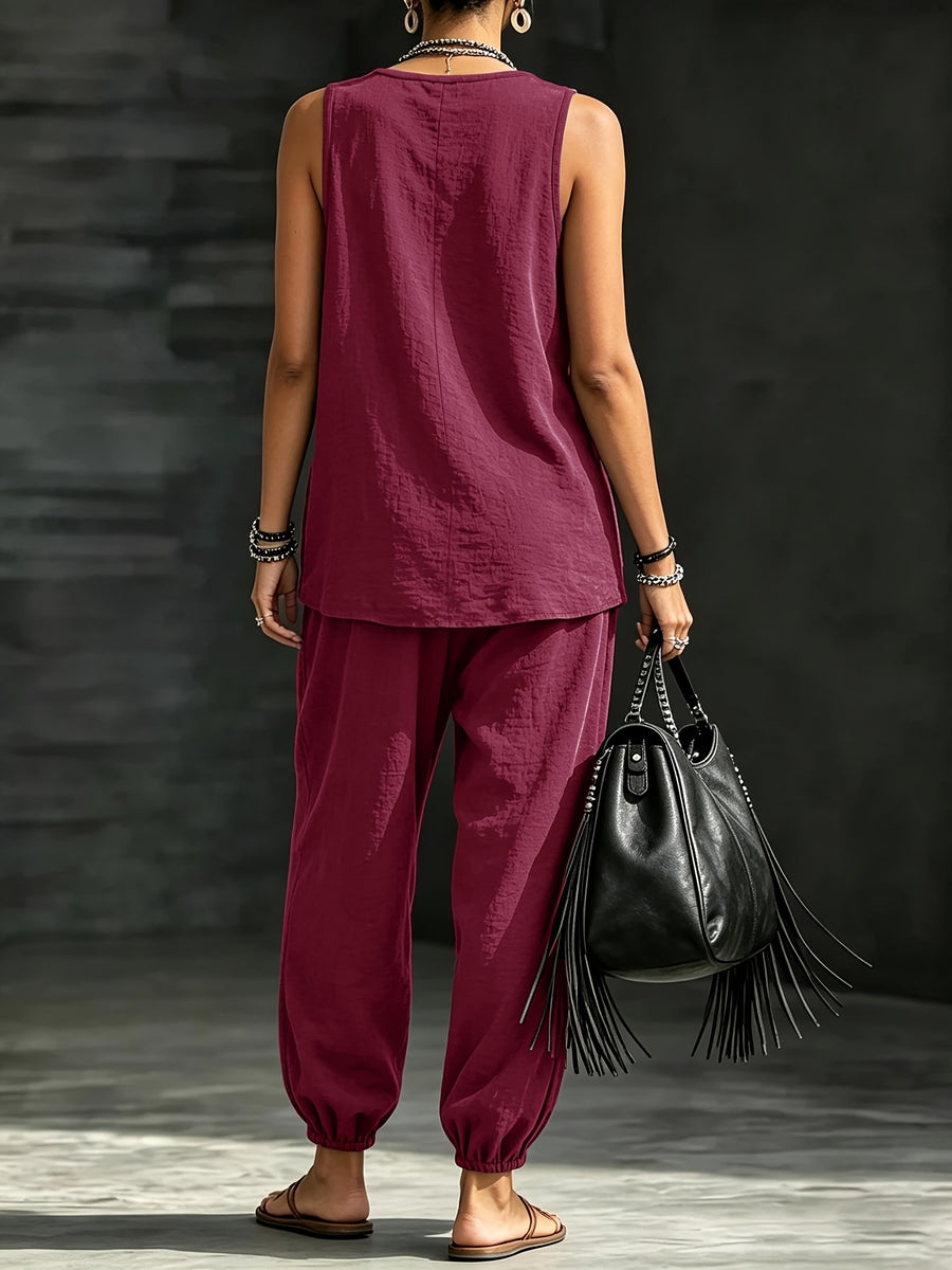 Women's Casual Vacation Solid Color 2pcs Set: Round Neck Top + Loose Fit Cuffed Pants - Burgundy