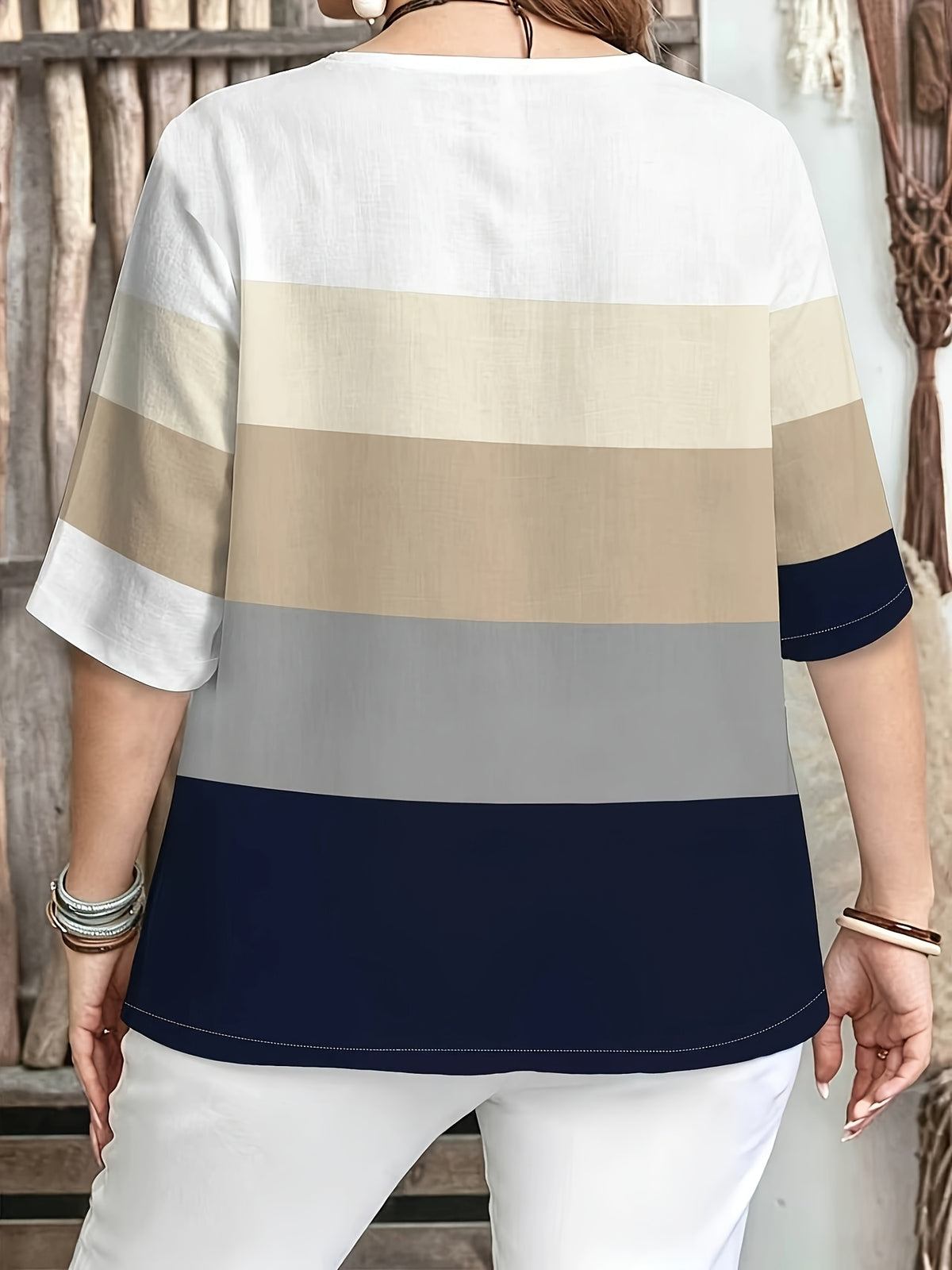 Printed Design – Not Textured. Women's Casual Button-Patch Colorblock V-Neck Three-Quarter Sleeve T-Shirt, a Perfect Gift for. - Mixed Color F