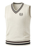 Men's Cable Knit Sweater Vest Sleeveless Striped Trim & Embroidered Logo Waistcoat - Preppy Business Casual Fall Winter Knit Vest Suitable for Office, Semi-Formal Wear, Layering Piece - Apricot