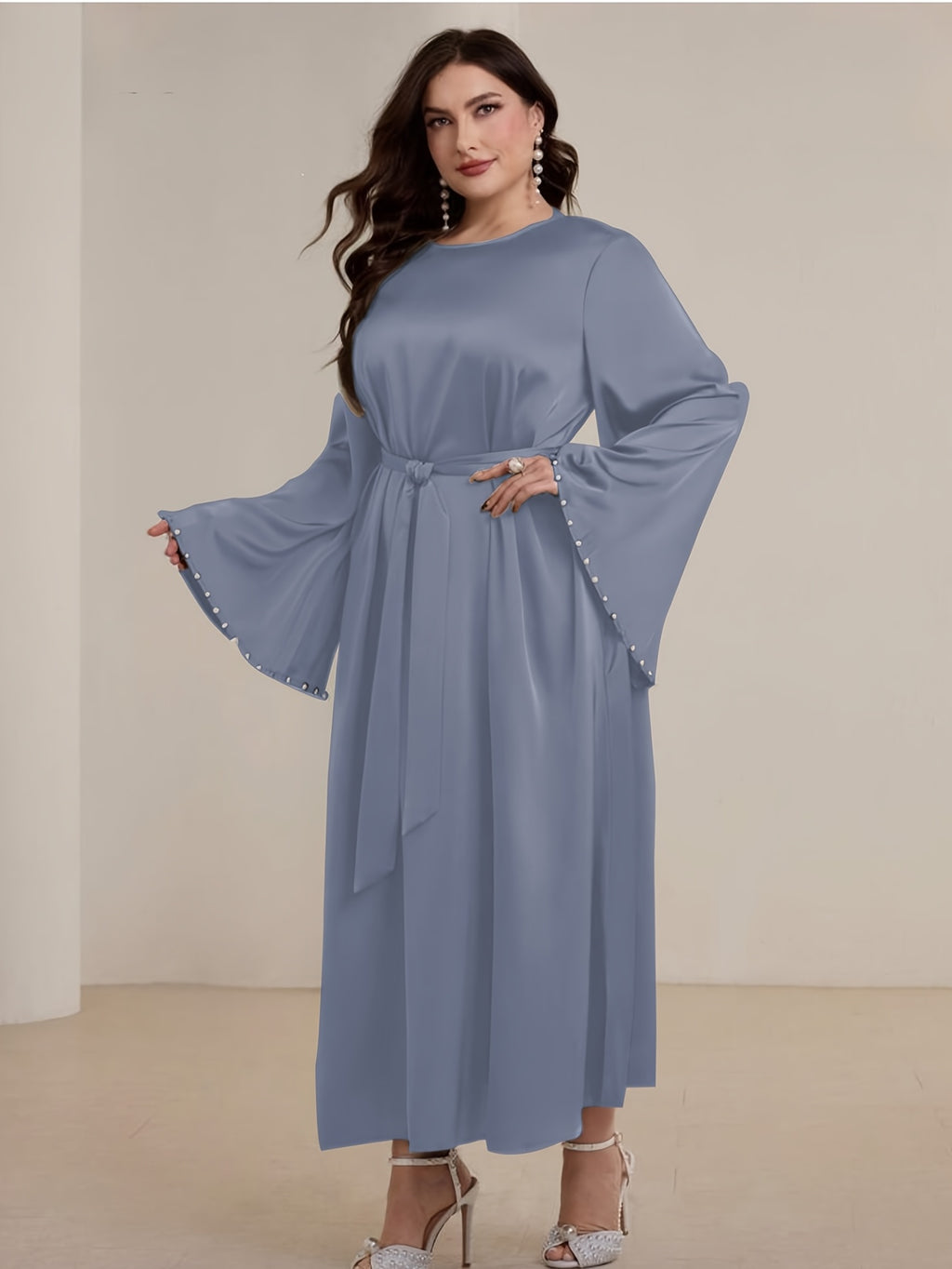 1pc Slim-fit Stretch Abaya Sleeve Front Zipper A-line AbayaElegant Flowing Muslim Robe Convenient Daily Islamic Women's WearStretch Sleeve Front Zipper AbayaSuitable for Daily Commuting, Gatherings with Family Friends, and Islamic Festive Occasions - Dark Gray