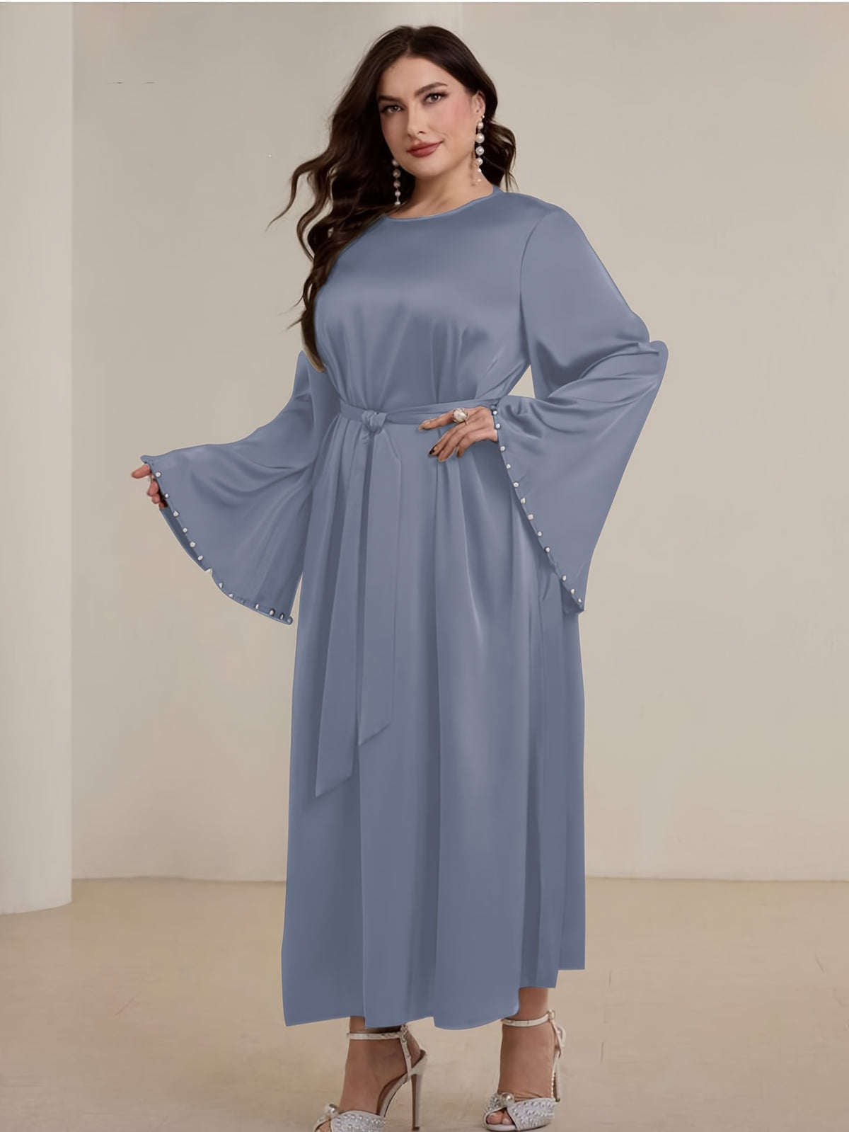 1pc Slim-fit Stretch Abaya Sleeve Front Zipper A-line AbayaElegant Flowing Muslim Robe Convenient Daily Islamic Women's WearStretch Sleeve Front Zipper AbayaSuitable for Daily Commuting, Gatherings with Family Friends, and Islamic Festive Occasions - Dark Gray