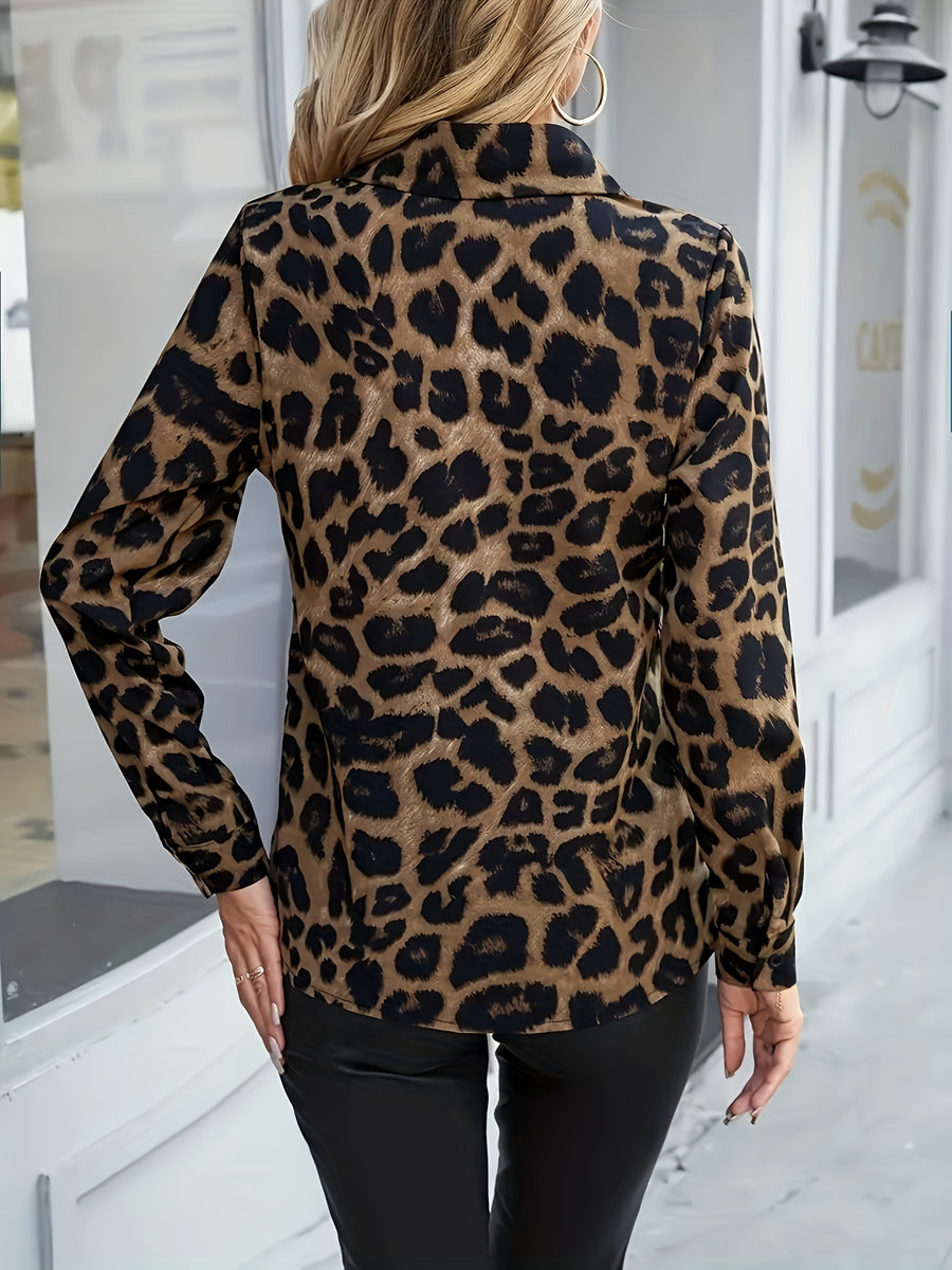 Leopard Print Button-Up Long Sleeve Shirt - Khaki