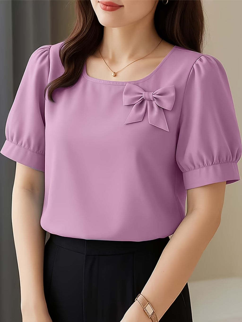 Elegant Casual Square Neck Short Sleeve Shirt with Bow and Puff Sleeves, Solid Color Top - Purple