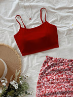 Women's Fashion Casual Floral Print Crop Camisole Top and Bodycon Skirt 2pcs Set - Burgundy