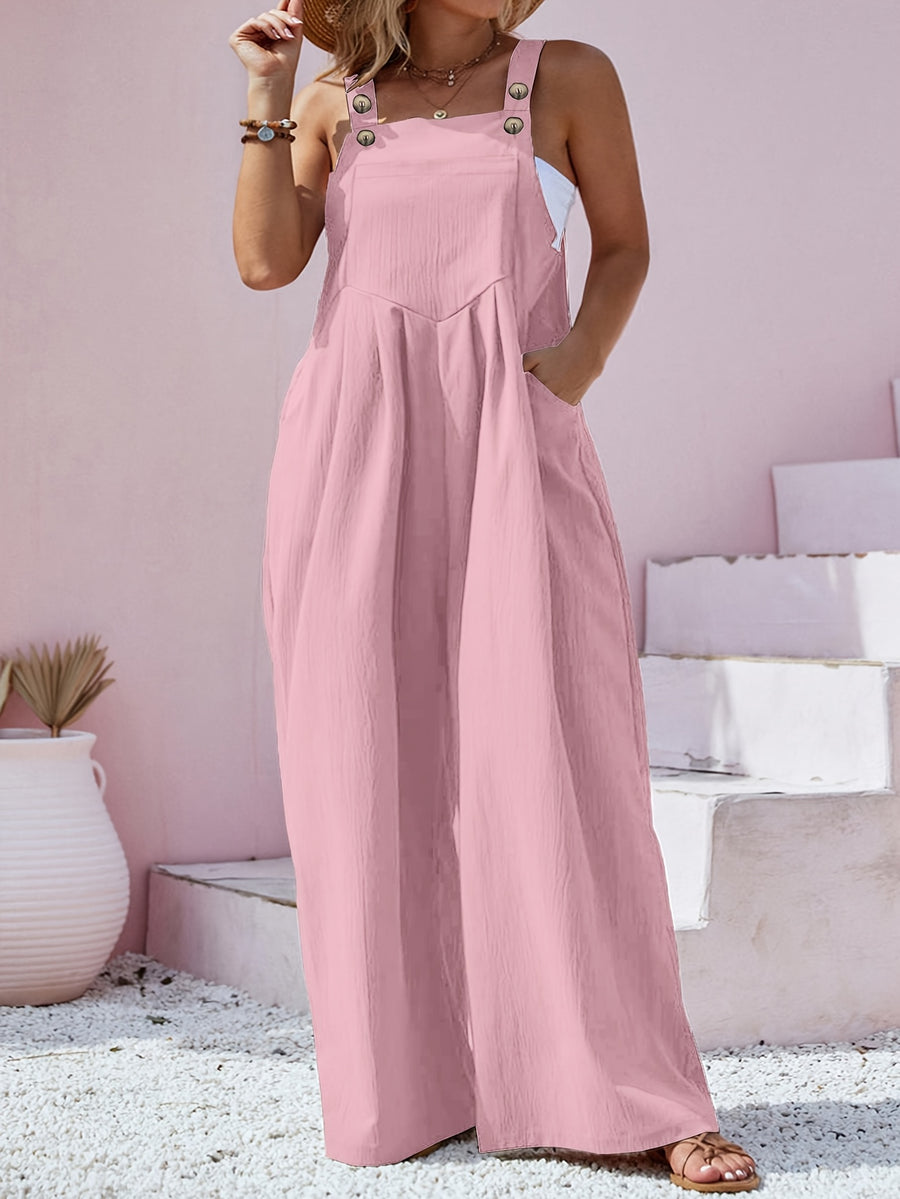 Plus Size - Spring Summer Women'S Plus Size Solid Color Button Bib Jumpsuit - Comfortable Casual Homewear (Front Length with Straps, Measure After Fastening Last Button) - pink