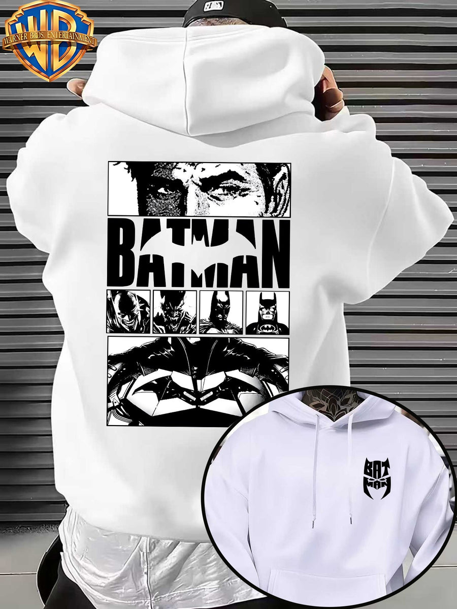 Casual Sporty Loose Hooded Sweatshirt, Retro Batman Comic Patchwork Cartoon Print, Men'S Casual All-Match Adjustable Drawstring Hoodie Comfortable Casual Autumn Winter Wear, for Sports, Outdoors, Picnics, Travel, Daily Home Wear - White