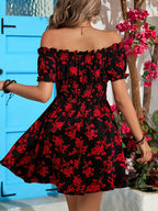 Spring/Summer Holiday Pattern Off-Shoulder Slim Dress - Black