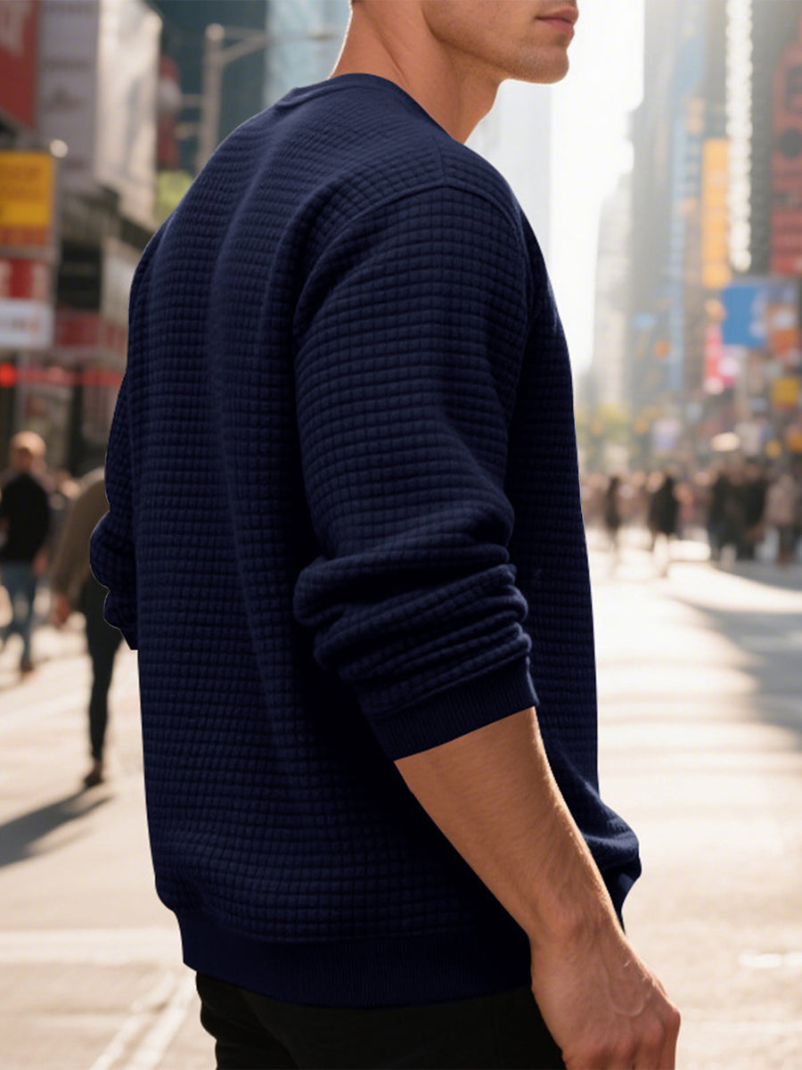 4pcs Men's Textured Sweatshirt, Fashionable Jacquard Texture Crew Neck Sweatshirt, Three-Dimensional Pineapple Check Pattern Solid Color Pullover, Spring and Autumn Warm Long-Sleeve Sweatshirt, Men's Fashionable Solid Color Simple Lightweight - Khaki + Black + Light Gray + Navy Blue
