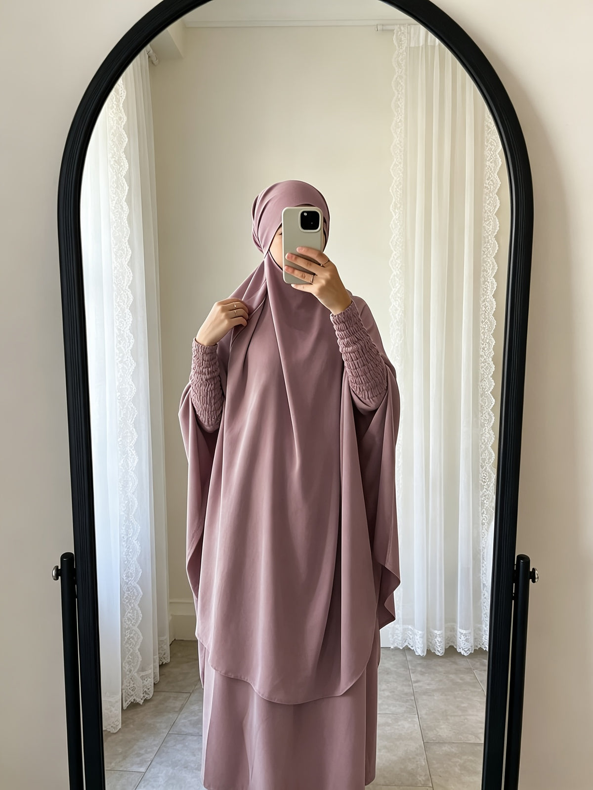 Casual Modest Outfit Set with Matching Head Wrap, Lightweight Breathable Loose Fit Puff Sleeve Top and Maxi Skirt for Everyday Use - Pale Pinkish Gray
